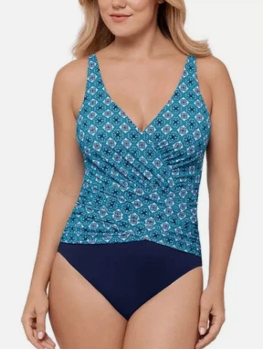 SWIM SOLUTIONS Blue Tile-Print One-Piece Swimsuit Tummy Control Bust Support NWT - Picture 5 of 6